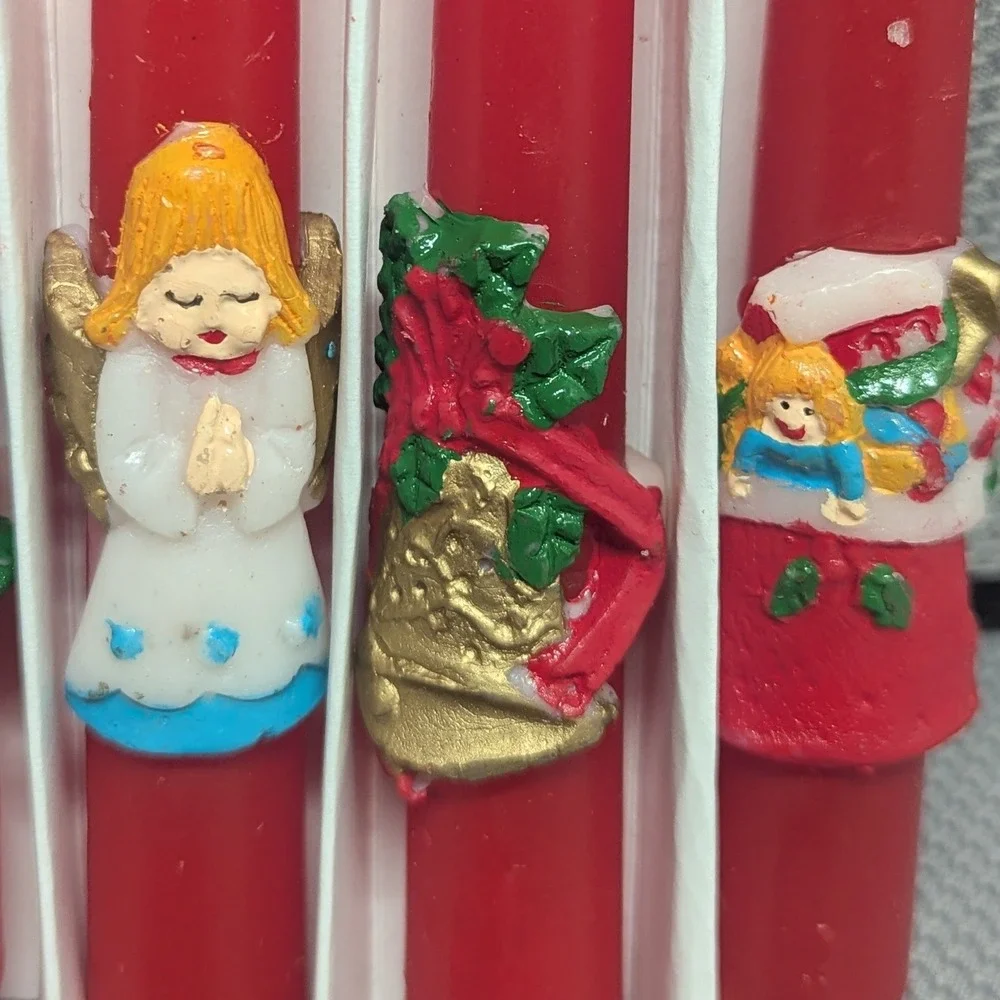 Vintage Christmas Taper Candles Set of 6 Red Wax Santa Snowman Tree Angel 6 inch